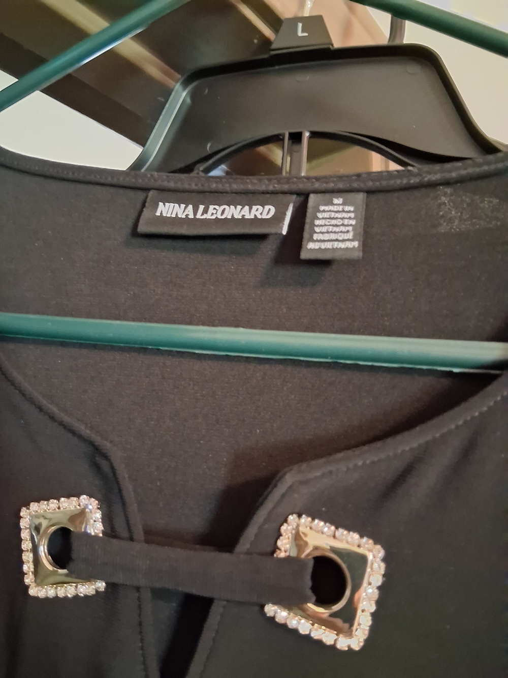 Nina Leonard Black Pant Suit with Rhinestone Square Accents